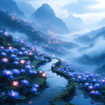 The primary subject of the image is a beautiful scene of a river surrounded by a forest. The river is filled with blue flowers, creating a serene and picturesque atmosphere. The setting is a mountainous area, with the mountains visible in the background. The visual style of the image is a combination of photo and digital art, creating a realistic yet artistic representation of the scene. The colors and mood of the image are predominantly blue, with the blue flowers and the blue sky creating a calming and peaceful ambiance.